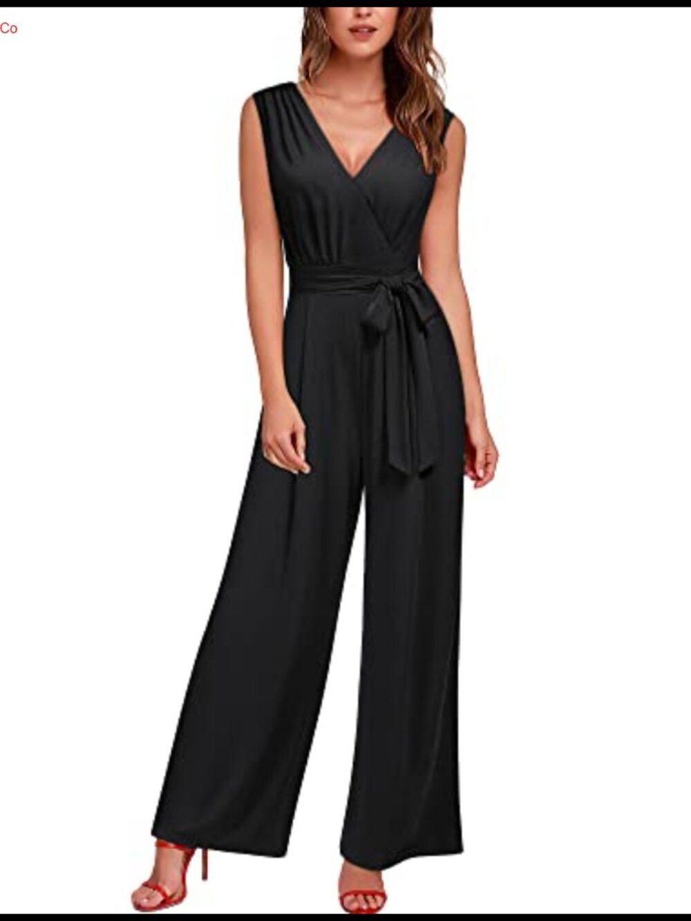 Sleeveless Deep V Neck Wide Leg Dressy Jumpsuit with Belt
